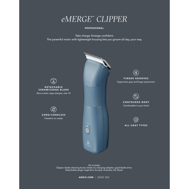 Andis eMERGE bl m/skr 10 og afstandskamst