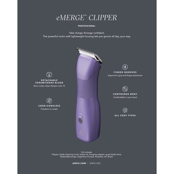 Andis eMERGE lilla m/skr 10 og afstandskamst